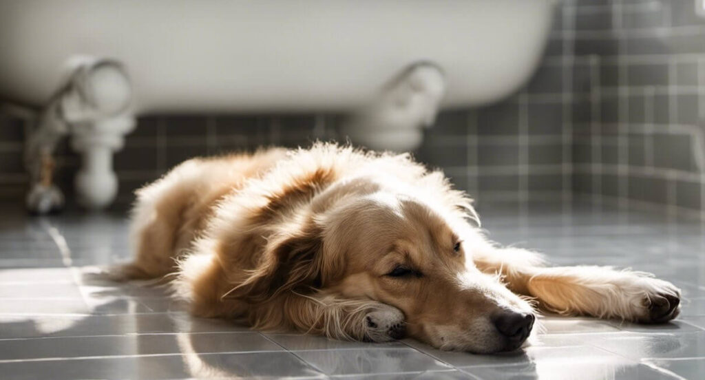 a golden retriever is lying on the gray tile of the bathroom with a tub in the background
